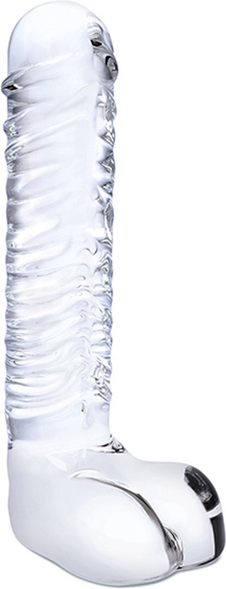 Goedkoopste Glas - Realistic Ribbed Glass G-Spot Dildo with Balls
