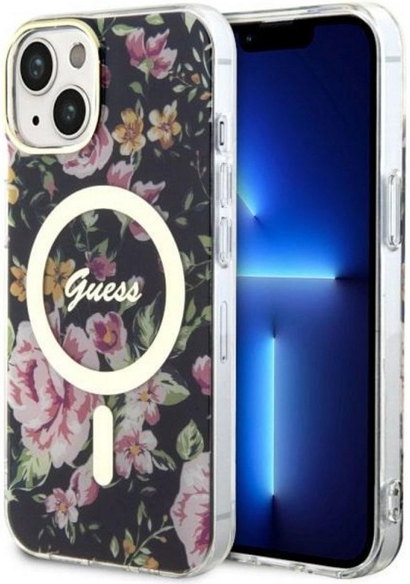 Guess Flower Back Case (MagSafe Compatible) - Geschikt voor Apple iPhone 14 (6.1") - Zwart