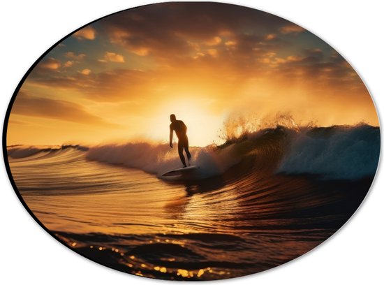 Dibond Ovaal - Surfer in Actie tijdens Zonsondergang - 28x21 cm Foto op Ovaal (Met Ophangsysteem)