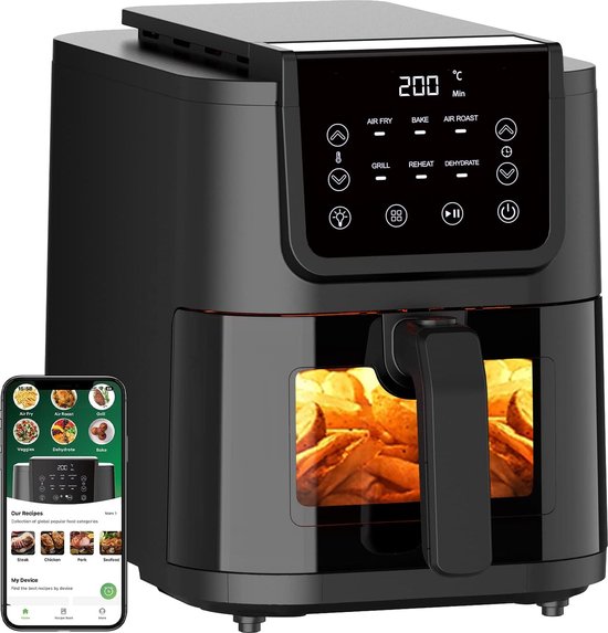 Chefman Heteluchtfriteuse - 3,75 L compacte heteluchtfriteuse voor snelle maaltijden, met Hi-Fry technologie, kijkvenster, touchbediening, antiaanbaklaag en vaatwasmachinebestendig - Zwart