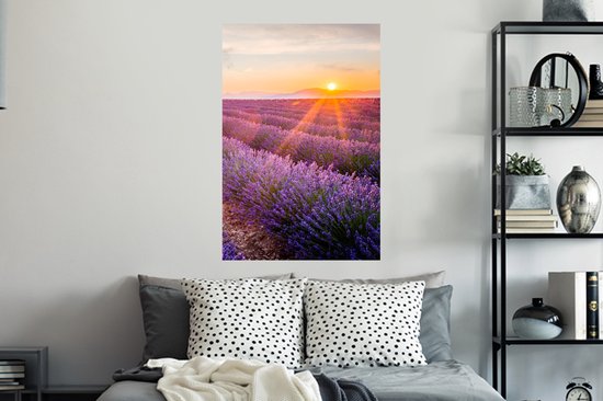 Muurstickers - Sticker Folie - Lavendel - Zonsondergang - Bloemen - Paars - 60x90 cm - Plakfolie - Muurstickers Kinderkamer - Zelfklevend Behang - Zelfklevend behangpapier - Stickerfolie