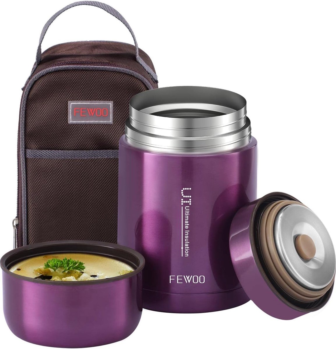 Geïsoleerde voedselcontainers, roestvrij staal, 800 ml, Lunchbox, BPA-vrij, geïsoleerd, met zakje (Paars)