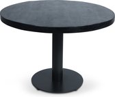 Parel eettafel met mango houten rond tafelblad zwart afgewerkt met een doorsnede van 150 cm. en 1 zwarte ronde poot op een extra stevige ronde grondplaat.