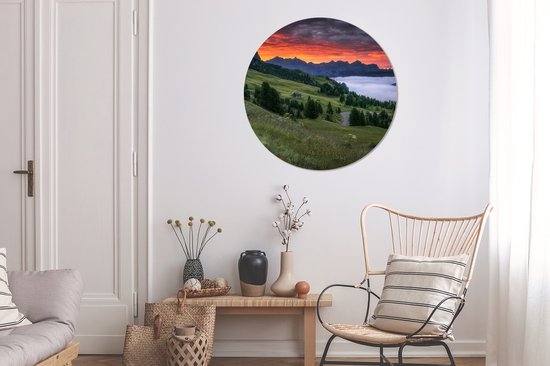 WallCircle - Stickers muraux - Cercle Papier Peint - Herbe - Montagnes - Soir - 100x100 cm - Cercle Mural - Auto Adhésif - Sticker Papier Peint Rond XXL