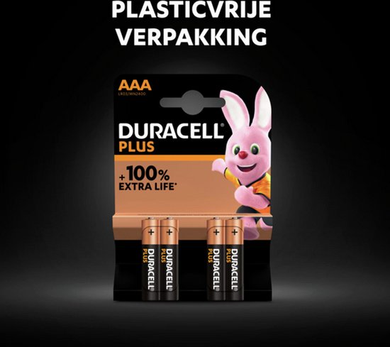 Verpakking van twee AAA Duracell Plus batterijen. "Plasticvrije verpakking"