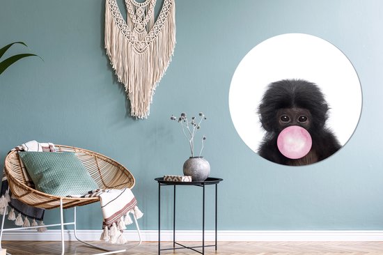 Décoration murale - Cercle mural - Singe - Chimpanzé - Chewing- Animaux - Animaux - Rose - Filles - Garçons - Décoration chambre enfant - 90x90 cm - Plastique