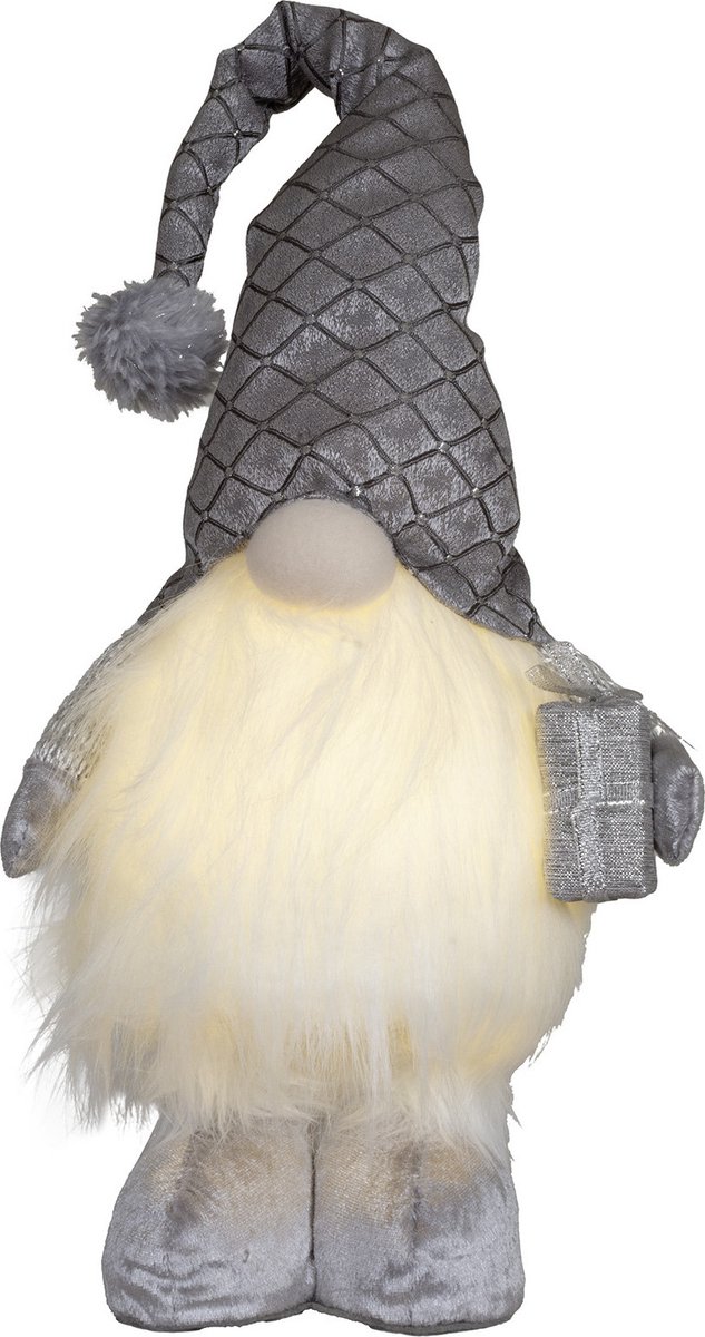 Decoratie kerst gnome pop - H36 cm - met verlichting - zilver - kerstman poppen