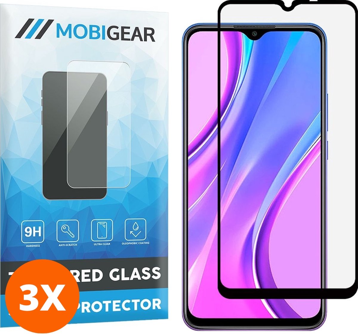 Mobigear Screenprotector geschikt voor Xiaomi Redmi 9 Glazen | Mobigear Premium Screenprotector - Case Friendly - Zwart (3-Pack)