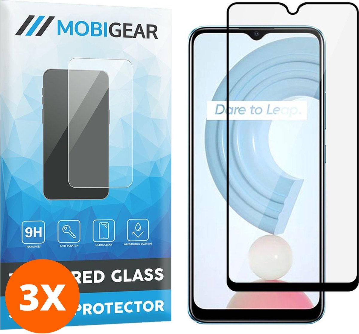 Mobigear Screenprotector geschikt voor Realme C21 Glazen | Mobigear Premium Screenprotector - Case Friendly - Zwart (3-Pack)