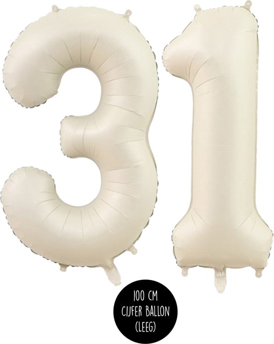 Cijfer Helium Folie ballon XL - 31 jaar cijfer - Creme - Satijn - Nude - 100 cm - leeftijd 31 jaar feestartikelen verjaardag