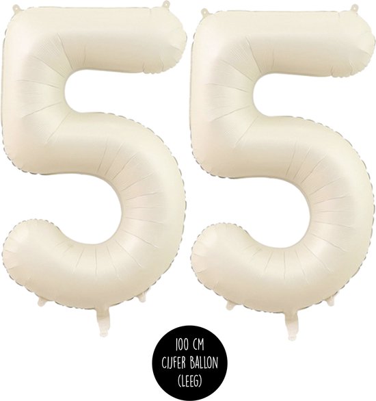 Cijfer Helium Folie ballon XL - 55 jaar cijfer - Creme - Satijn - Nude - 100 cm - leeftijd 55 jaar feestartikelen verjaardag