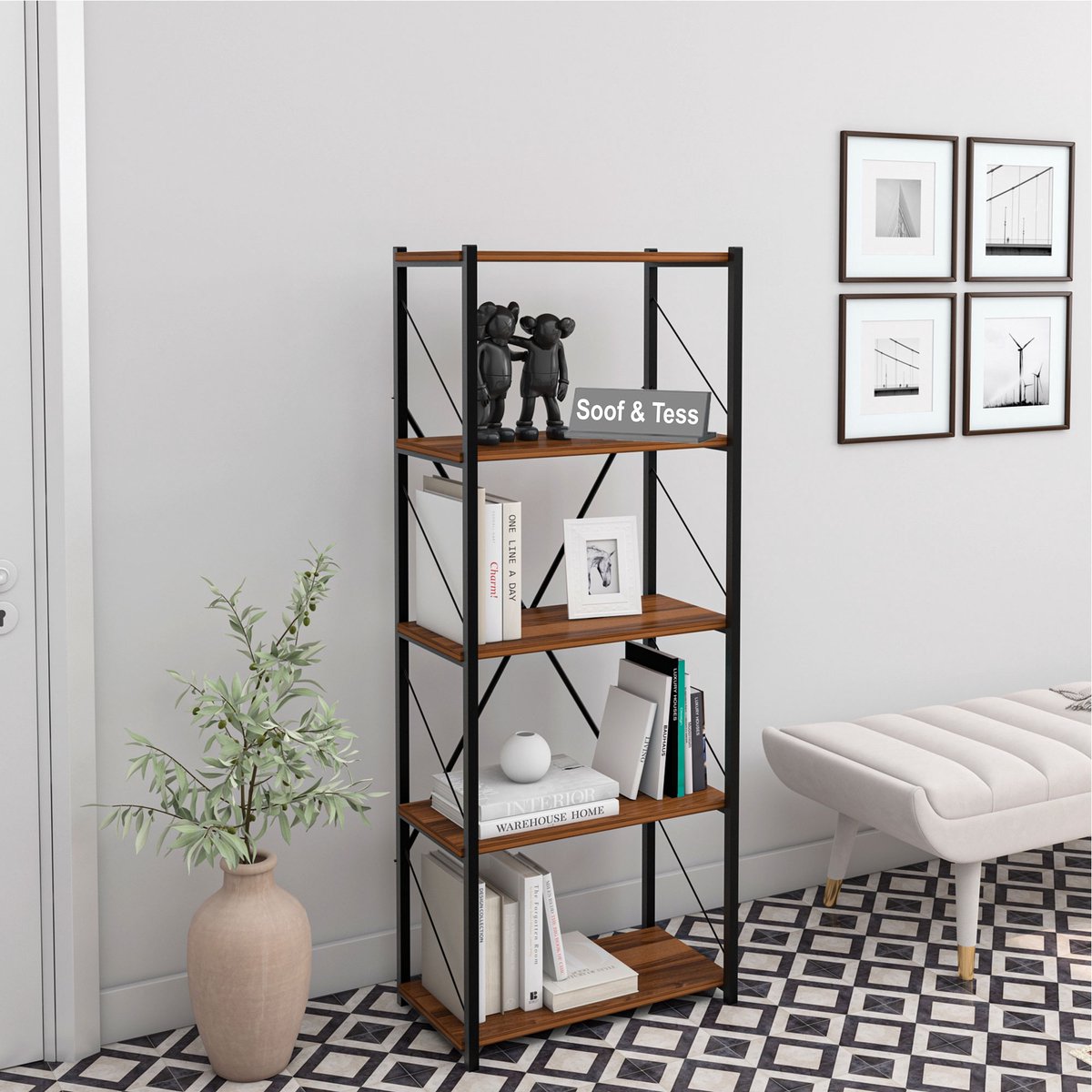Soof&Tess Boekenkast - Walnoot kleur - Opbergrek Met 5 Planken - Woonkamer - Slaapkamer 32 x 60 x 150 cm - Open Planken - Voor Kantoor
