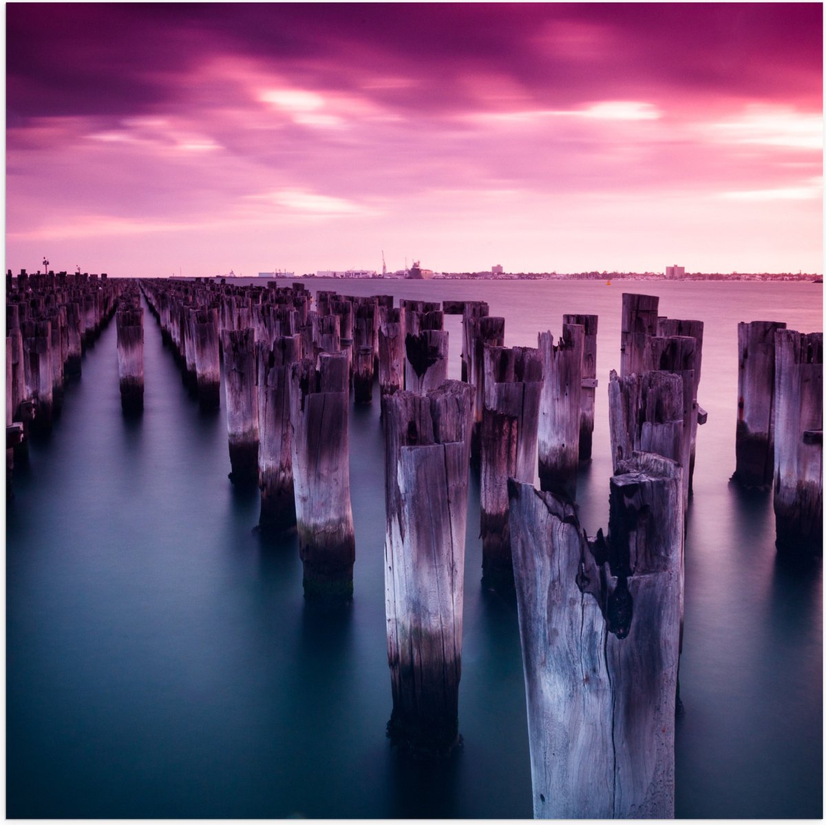 Poster (Mat) - Palen - Water - Hout - Zee - Kleuren - 50x50 cm Foto op Posterpapier met ee