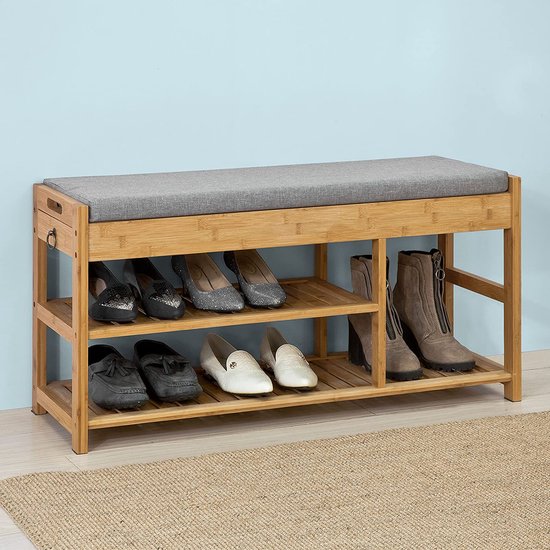 HOOBRO Schoenenkast met scharnierend deksel en verstelbare planken, stevige schoenenkruk met comfortabel kussen, ruimtebesparend in de hal, gang, woonkamer EBF40HX01