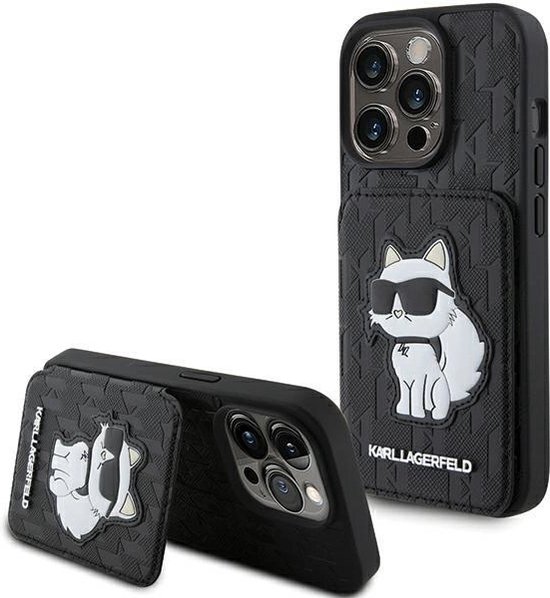 Karl - Lagerfeld - Emplacements pour cartes Saffiano et support Monogram Choupette pour iPhone - 15 - Pro - Max - Zwart