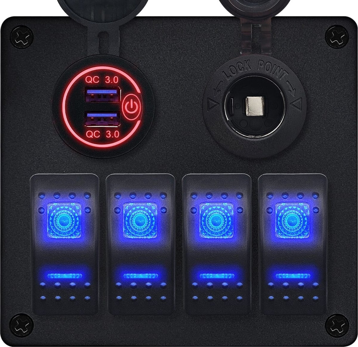 ProRide Schakelpaneel 12V voor Auto/Boot - USB Lader 2 Poorten met Sigaretten stopcontact - QC3.0 - PUSB1QC-R - 4 schakelaars