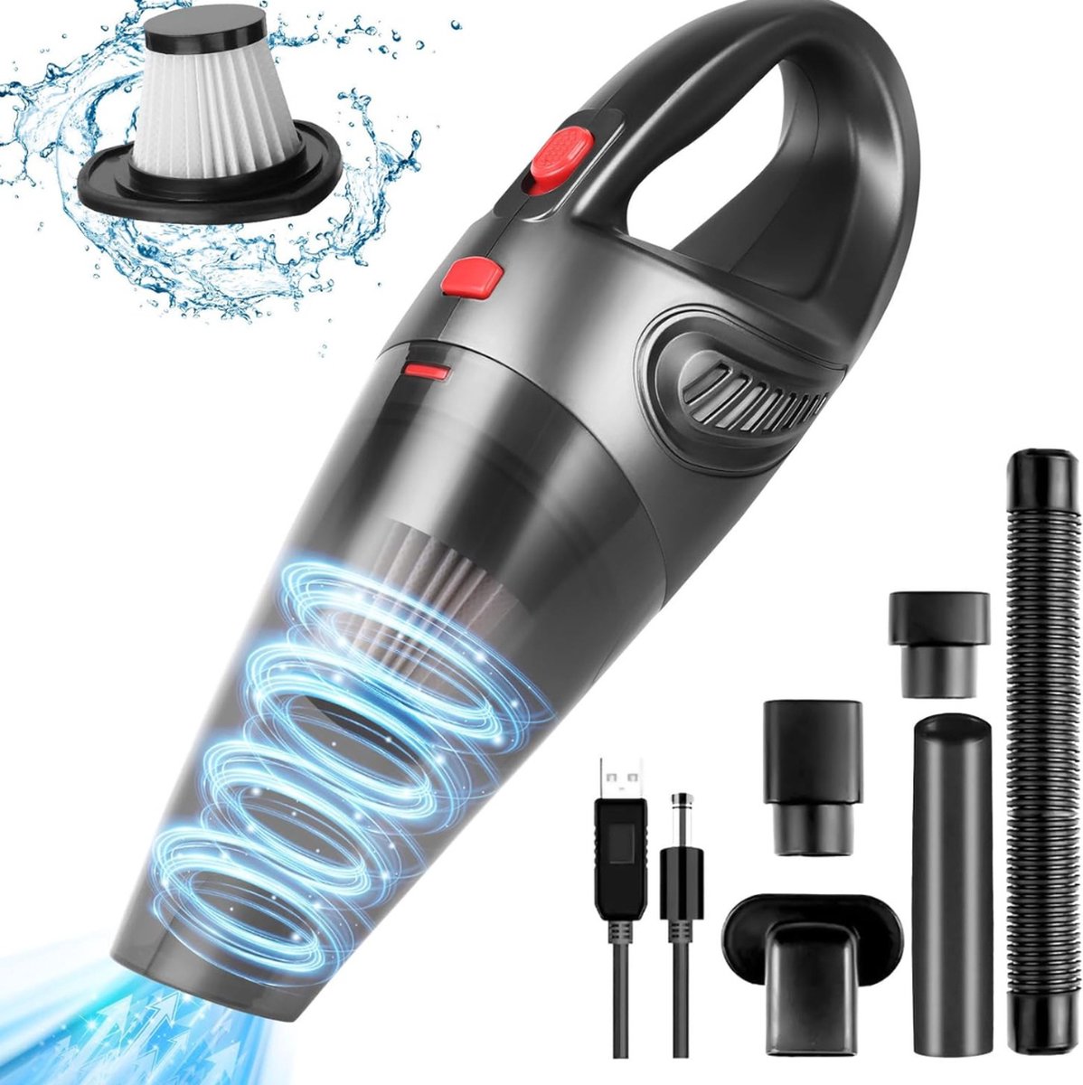 Goodivery Dust buster handstofzuiger 4-in-1 8500PA licht draadloos 120w USB opladen met afwasbaar filter sterke zuigkracht 35 5 x 12 5 x 10 5 cm Zwart Rood