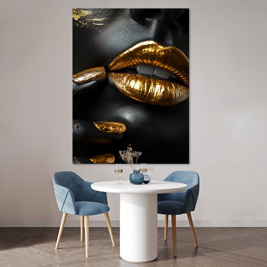 Poster 120x160 cm - Lippen - Goud - Abstract - Zwart - Vrouw - Posters - Kamer decoratie - Wanddecoratie woonkamer - Muurdecoratie slaapkamer XXL
