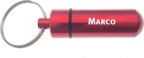 Porte-clés - Étui à pilules - Avec nom - Marco - Médicaments - Étui d'identité - Rouge