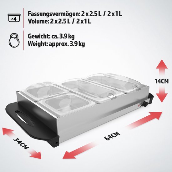 Jago- buffetverwarmer - elektrisch, met kookplaatfunctie, temperatuurregelaar, RVS - opwarmapparaat, voedselverwarmer, warmhoudplaat, warmhoudcontainer — afbeelding 5