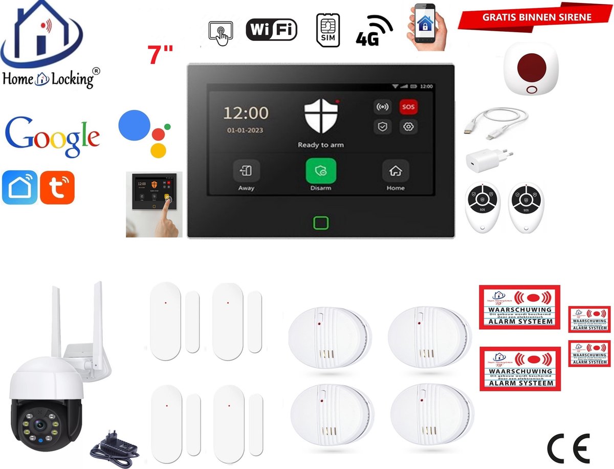 Draadloos / bedraad alarmsysteem met 7-inch touchscreen voor woning/camper/boot/caravan werkt met wifi en sim kaart en met spraakgestuurde apps. (Nederlands of Frans stem en tekst). ST01B-61