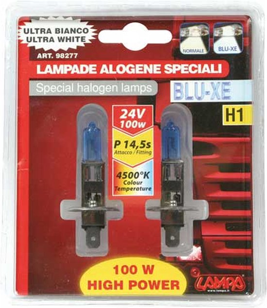 Verpakking met 2 H1 BLU-XE lampen. De lampen hebben een blauw glazen omhulsel en een metalen fitting. Specificaties: 24V, 100W, 4500K.