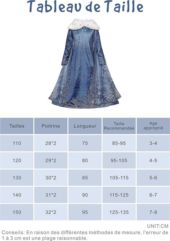 Robe de princesse Cosplay pour Filles , Blauw, manches longues, tenue reine des glaces pour déguisement, Halloween et noël