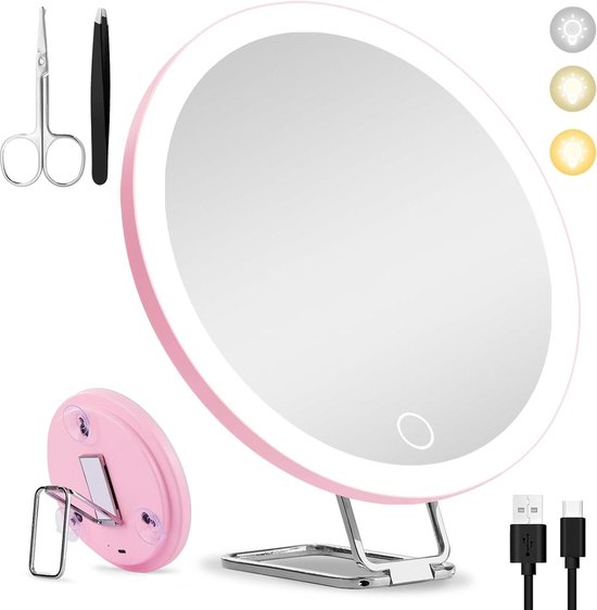 MIYADIVA Beleuchteter Make-up-Spiegel, 20-fache Vergrößerung, Spiegel Mit Licht, Doppelseitiger Make-up-Spiegel Mit 20-facher / 1-facher Vergrößerung, 360°-Drehung, 3 Farben Helligkeit, Verstellbarer