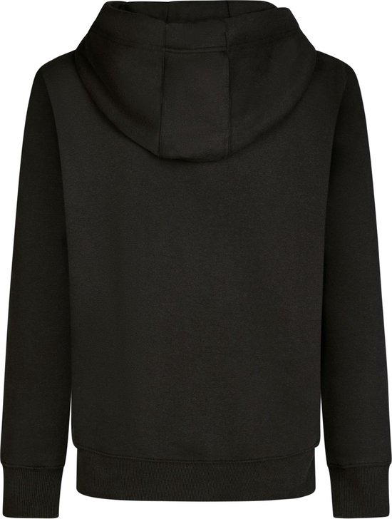 Achterkant van een zwarte heren hoodie met capuchon.