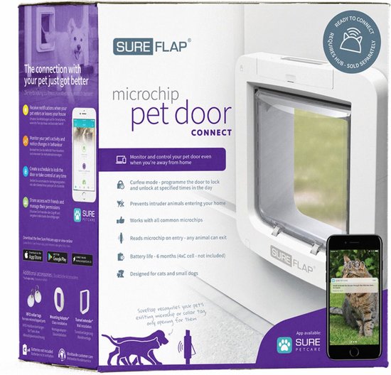 Verpakking van Sureflap Microchip Pet Door Connect. Wit luik met duidelijke indicator. Telefoon met app zichtbaar.