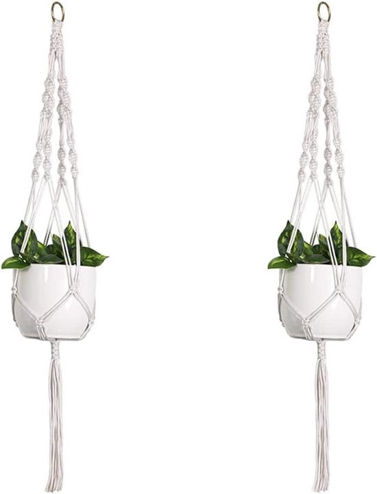 2 stuks macramé plantenhangers, katoenen touw om op te hangen van macro-bloemen voor bloempotten aan de muur voor huisdecoratie, kantoortuinieren, 4 poten