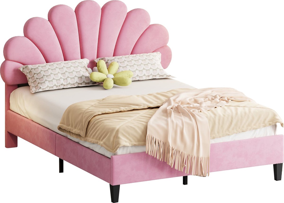 Merax Gestoffeerd Tweepersoonsbed 140x200 cm - Bedframe met Bloemvormig Hoofdbord en Lattenbodem - Fluwelen Kinderbed - Roze