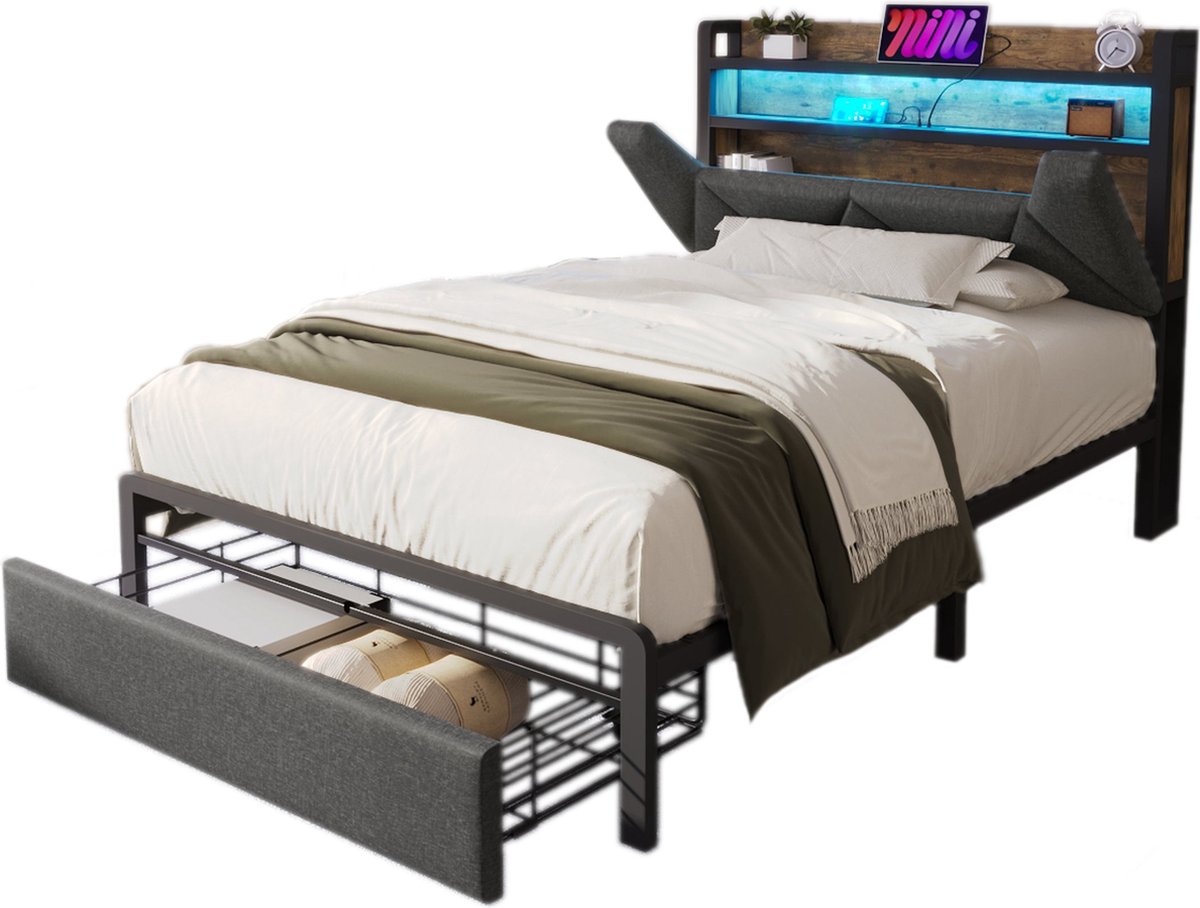 Merax Gestoffeerd Bed met USB Type C Ladefunctie - Bed met Opbergruimte in Hoofdbord en LED-Verlichting - 90 x 200 cm - Metalen Frame - Grijs (Zonder Matras)