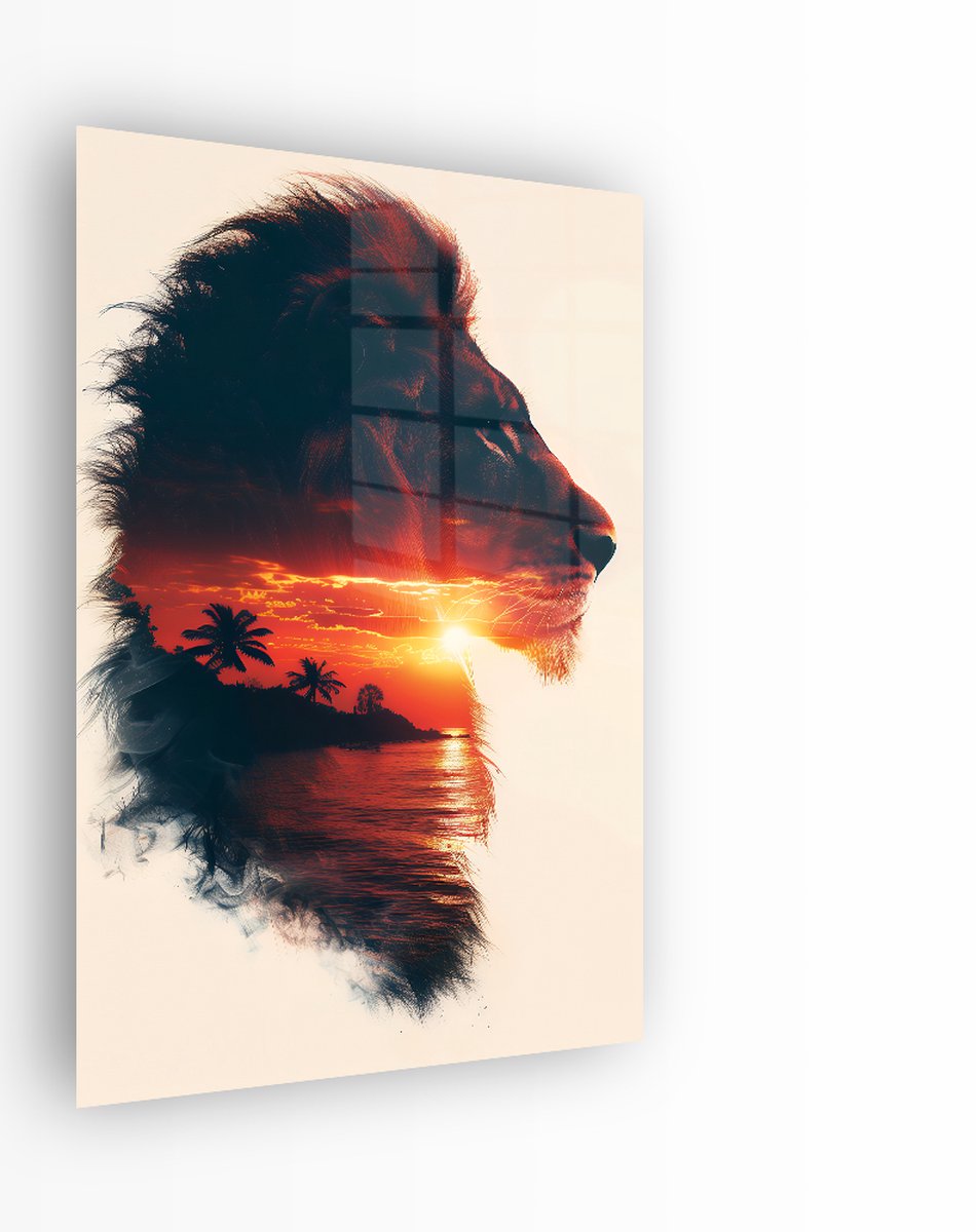 Indoorart Glasschilderij Leeuw Zonsondergang 80x120 CM - Afbeelding op plexiglas - Inclusief montagemateriaal zwart, wit, bruin, geel, oranje