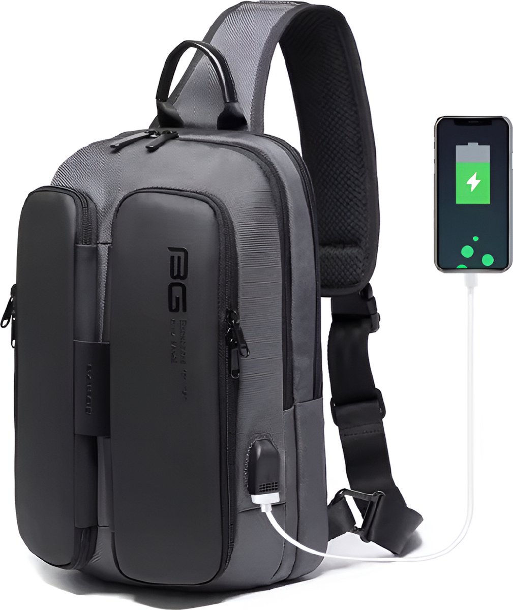 CarryQuest® - Grijze Mannen Borstzak Casual Schoudertas - Oxford Stof - Waterbestendig - USB Oplaadpoort - Anti-diefstal Vak - Ademende Rug - Verstelbare Schouderband