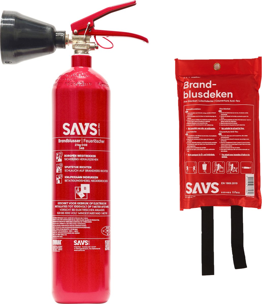 SAVS Brandblus box - CO2 blusser - Brandblusser CO2 2 kg & Blusdeken 100x100cm - Blusrating 34B - Met montagebeugel & ophangoog - CO2 blusser en Branddeken voor o.a. thuis en bedrijf