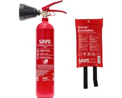 SAVS Brandblus box - CO2 blusser - Brandblusser CO2 2 kg & Blusdeken 100x100cm - Blusrating 34B - Met montagebeugel & ophangoog - CO2 blusser en Branddeken voor o.a. thuis en bedrijf
