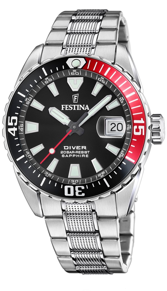 Festina F20669-6 Heren Horloge - Mineraalglas - Roestvrijstaal-Staal - Zilverkleurig - Ø 41 mm - Quartz - Vouw-Vlindersluiting - 20 ATM (duiken)