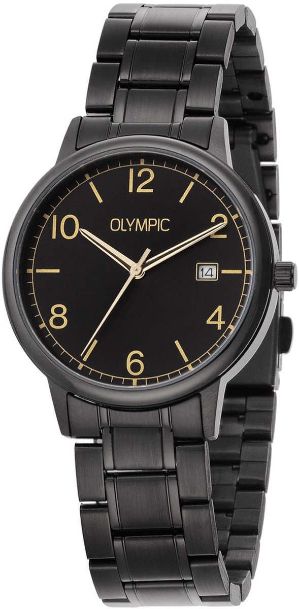 Olympic OL80HZZ001 Henri Heren Horloge - Mineraalglas - Staal - Zwart - 37 mm breed - Quartz - Vouw-Vlindersluiting - 5 ATM (douchen)