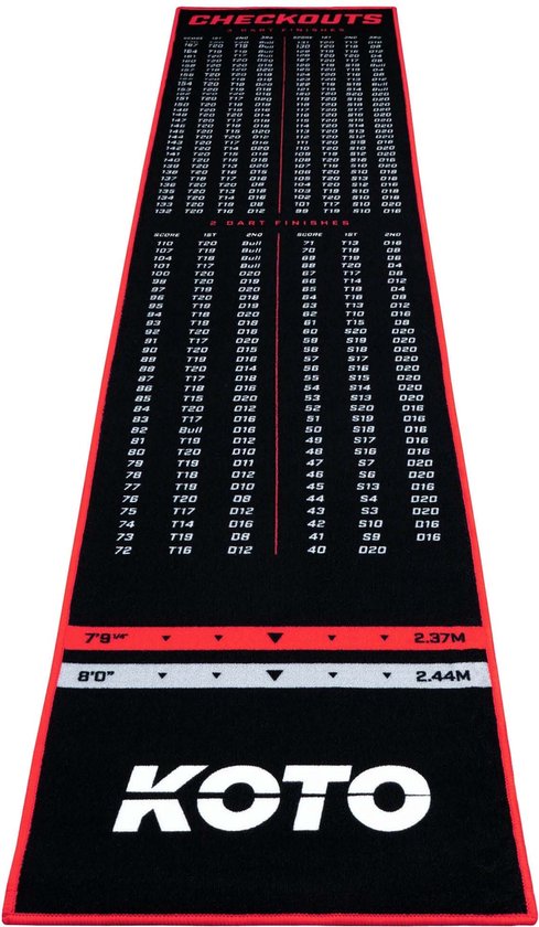 KOTO - Carpet Checkout Dartmat - Rood - 285 x 60 cm + Oche Score Indicator - Antislip