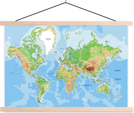 Wereldkaart sur plaque d'école décoration murale grandes lattes plates 150x90 cm - Affiche textile