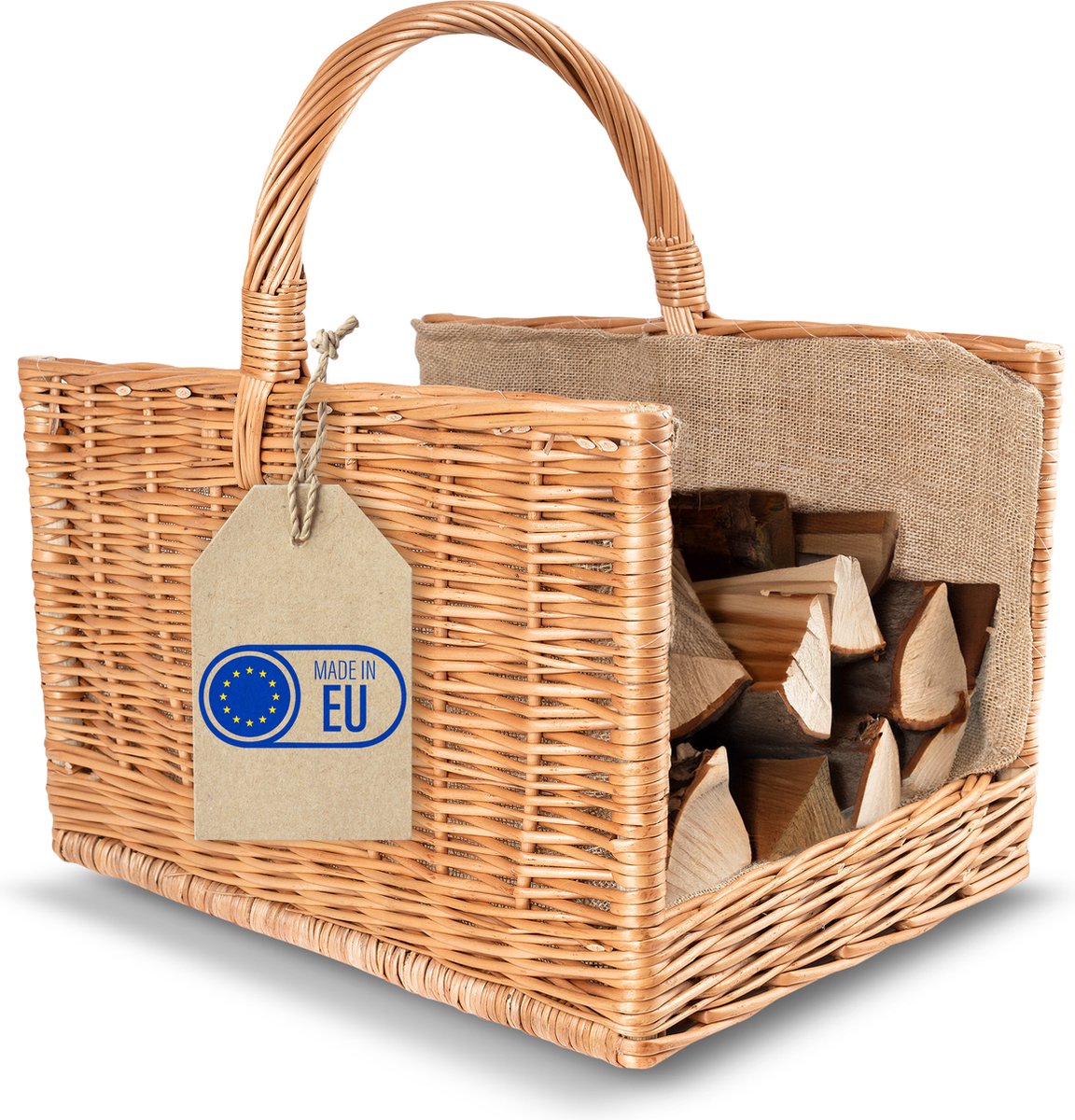 Creative Home Rieten Mand met Handvat Jute | 50 x 34 x 50 cm Groot Rechthoekig Lichtgewicht | Handgeweven Duurzaam | Ideaal voor brandhout