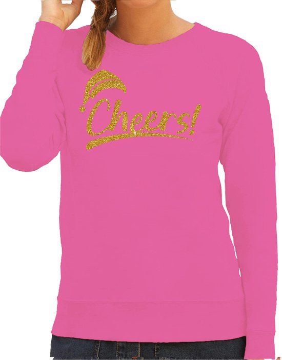 Bellatio Decorations foute kersttrui/sweater dames - Cheers - roze - glitter goud - Kerstman M
