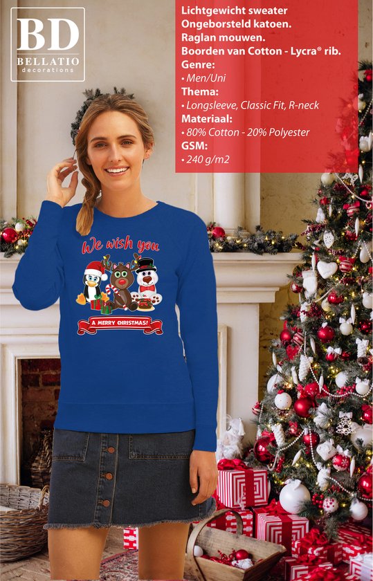 Bellatio Decorations Foute Kersttrui sweater - voor dames - We wish you - blauw - kerst dieren - kerst cadeau M