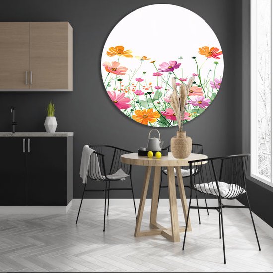 doorkijk rond schilderij - Bloemen rond schilderij - Wandpaneel Planten - Vintage schilderij - Wandschalen - Kunst muurcirkel aluminium 70x70 cm