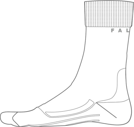 Schematische tekening van een Falke sportsok met ribbelboord en demping details.