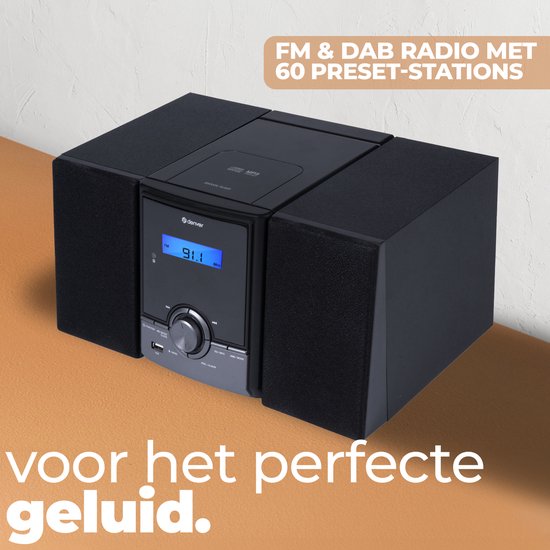Zwarte Denver micro-installatie met CD-speler, luidsprekers en een blauw LCD-display dat 91.1 MHz aangeeft.