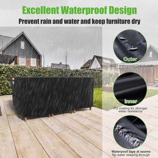 LAMUNI Hoes voor Tuinmeubelen Waterdichte Tuintafelafdekking Winddicht Tuinmeubelhoes 420D Oxford-Stof Terrasmeubelhoes Beschermhoes voor Tuintafels, Zitgroep, Terrasmeubels, 250x140x100cm