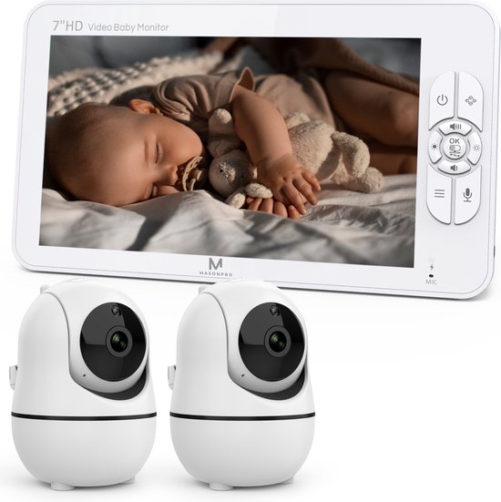 MasonPro Babyfoon - Babyfoon met 2 Camera's – Baby Monitor - Hondencamera - Huisdiercamera - Op Afstand Bestuurbaar - Temperatuursensor - Uitbreidbaar Tot 4 Camera's - Terugspreekfunctie - Video & Audio – Baby Camera - 7.0 Inch Scherm