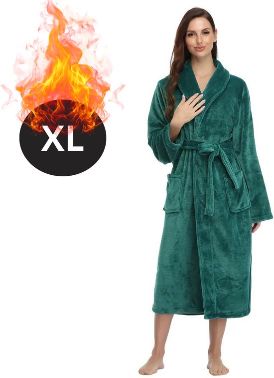 Bovista Badjas Dames - Fleece - Katoen - Badstof - Sauna - Hamam - Wafel - Bathrobe - Duster - Ochtendjas - Spa - Kimono - Groen XL